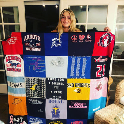 Girl holding custom memory blanket made of her old t-shirts