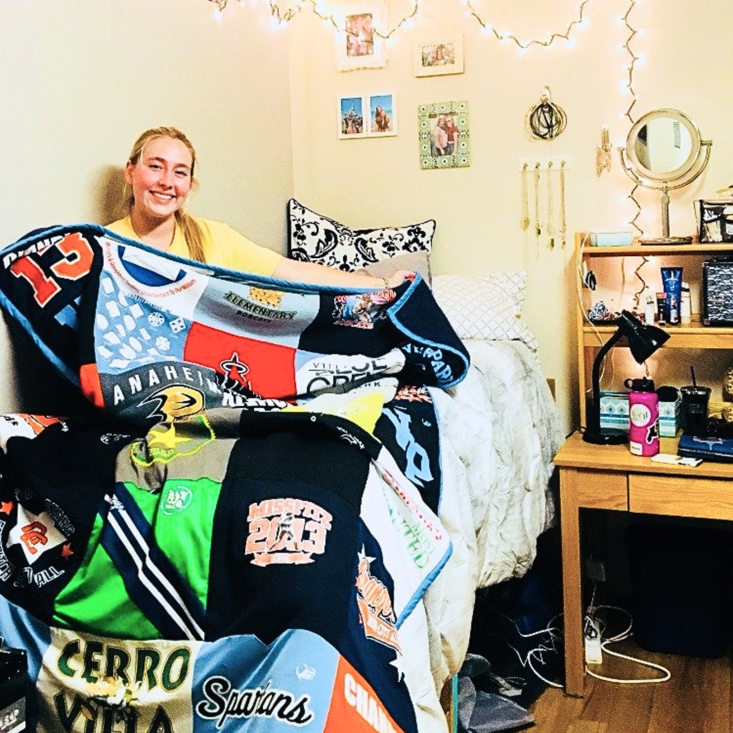 custom graduation t shirt quilt in dorm room