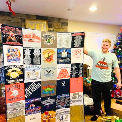 man holding custom t-shirt quilt gift